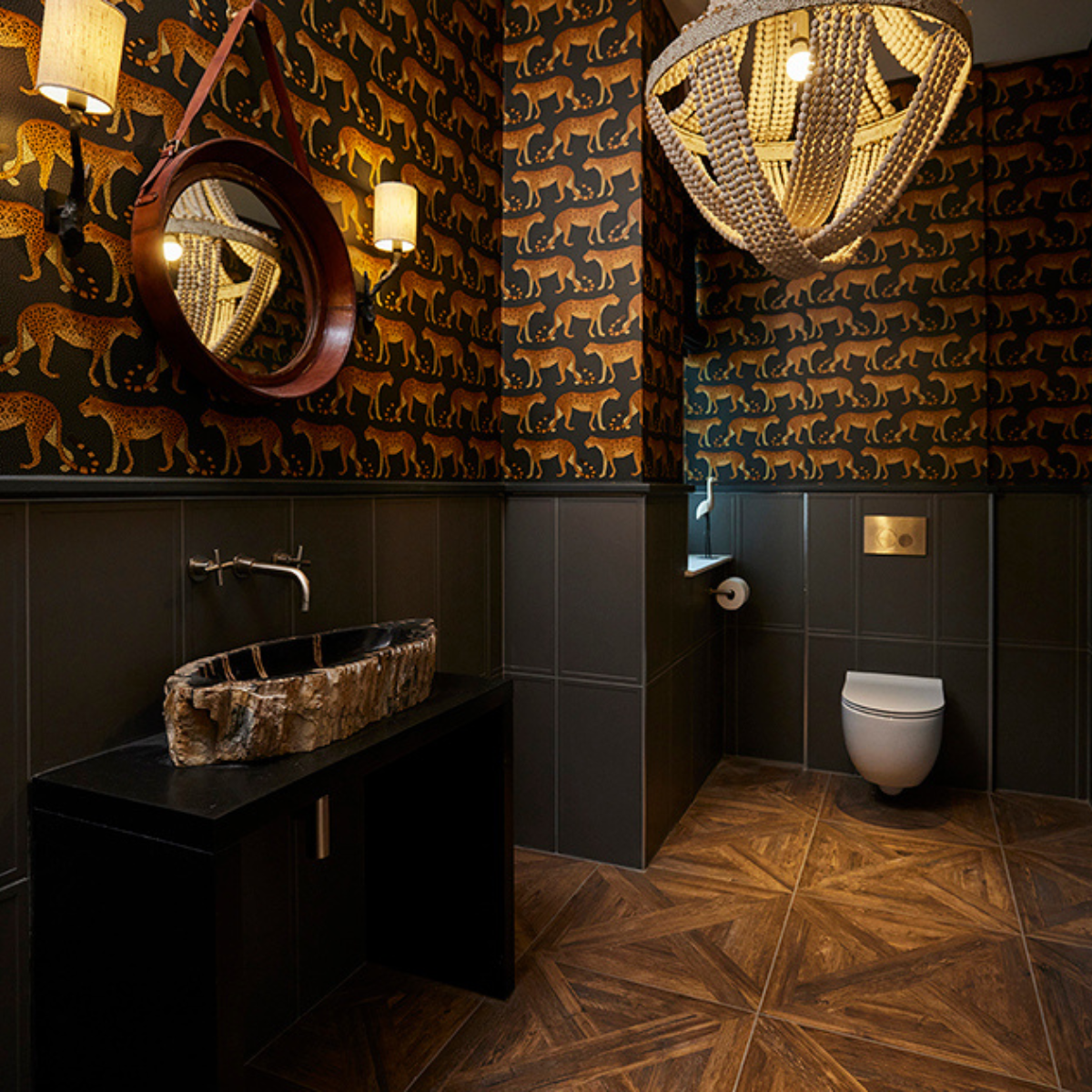 Lapicida bathroom inspiration - striking guest toilet with porcelain wood floor as seen on BBC TV