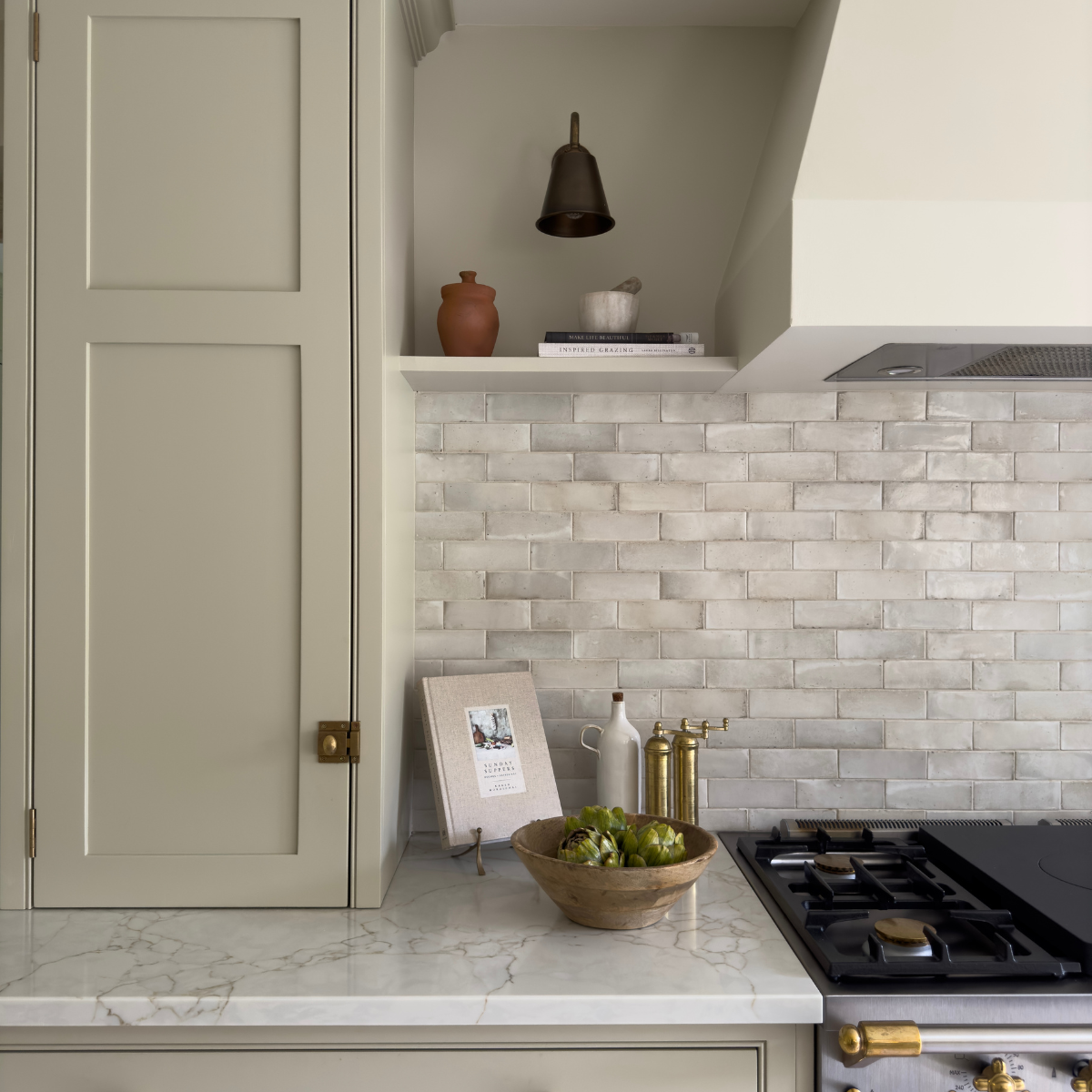 Lapicida porcelain splashback tiles in kitchen by Rachael Somerville Interiors