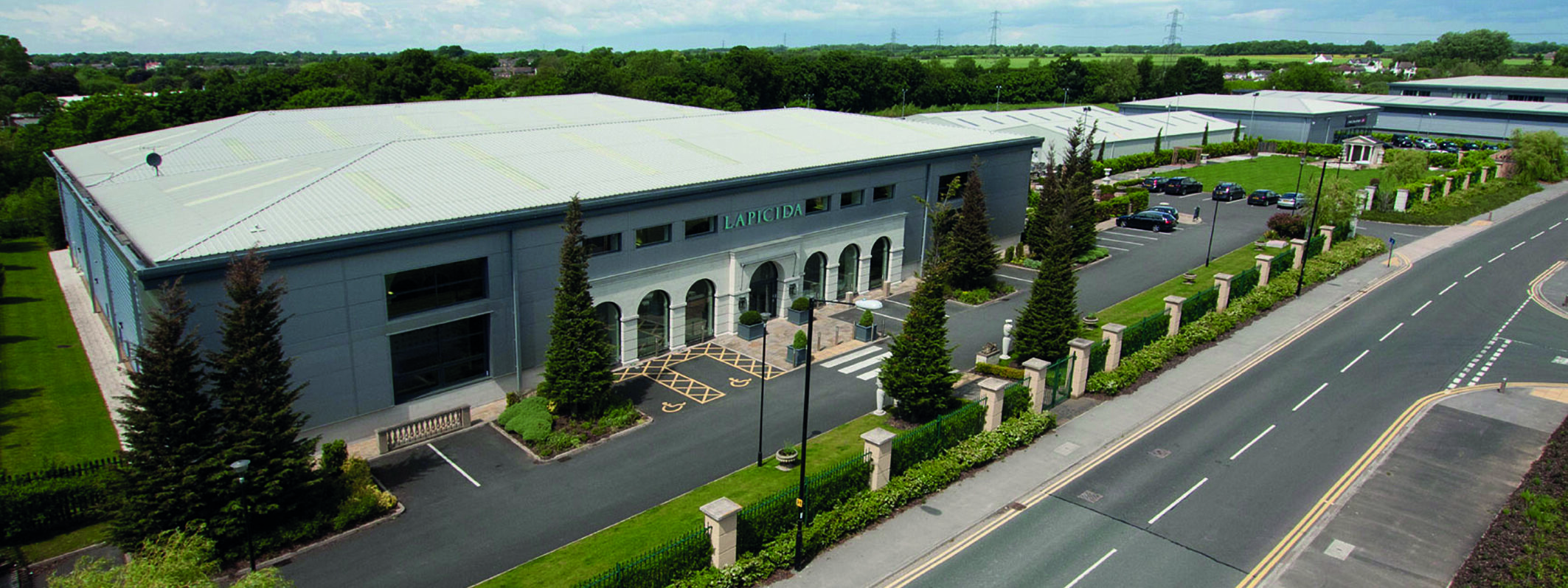 Aerial photo of Lapicida Harrogate Yorkshire showroom - marble, stone, reclaim and porcelain specialists