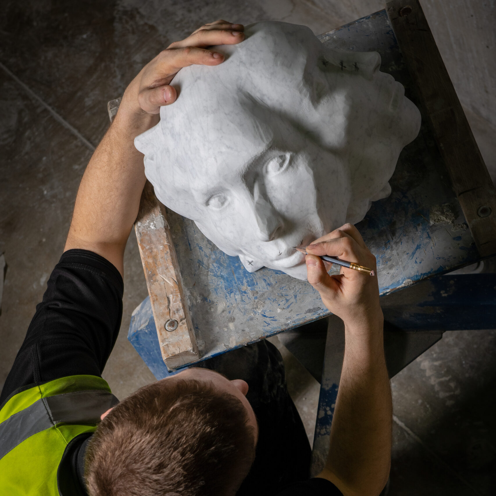 Lapicida bespoke custom made bust being hand-finished by master stonemason