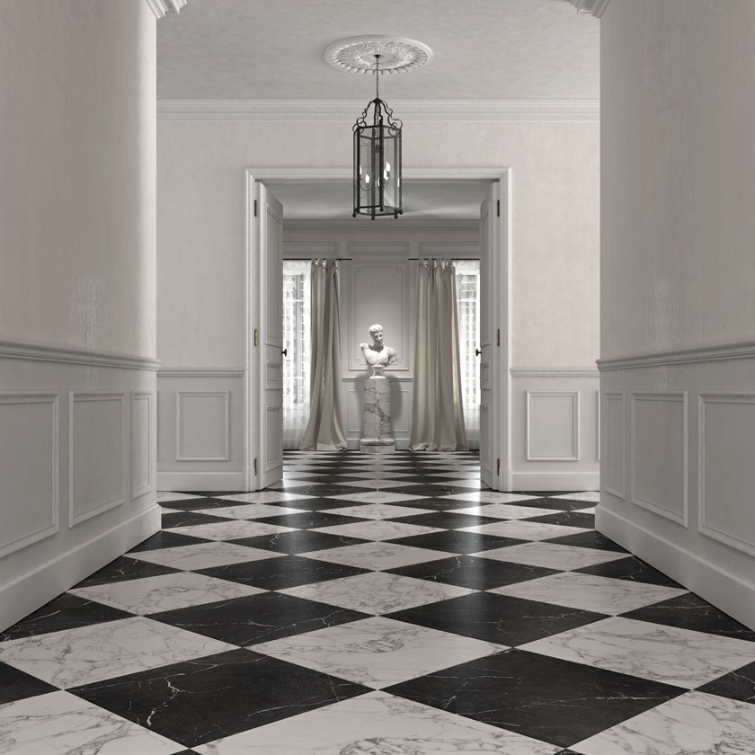 Lapicida Antique Marble Porcelain and Arabescato Nero Marquina chequer floor in hallway