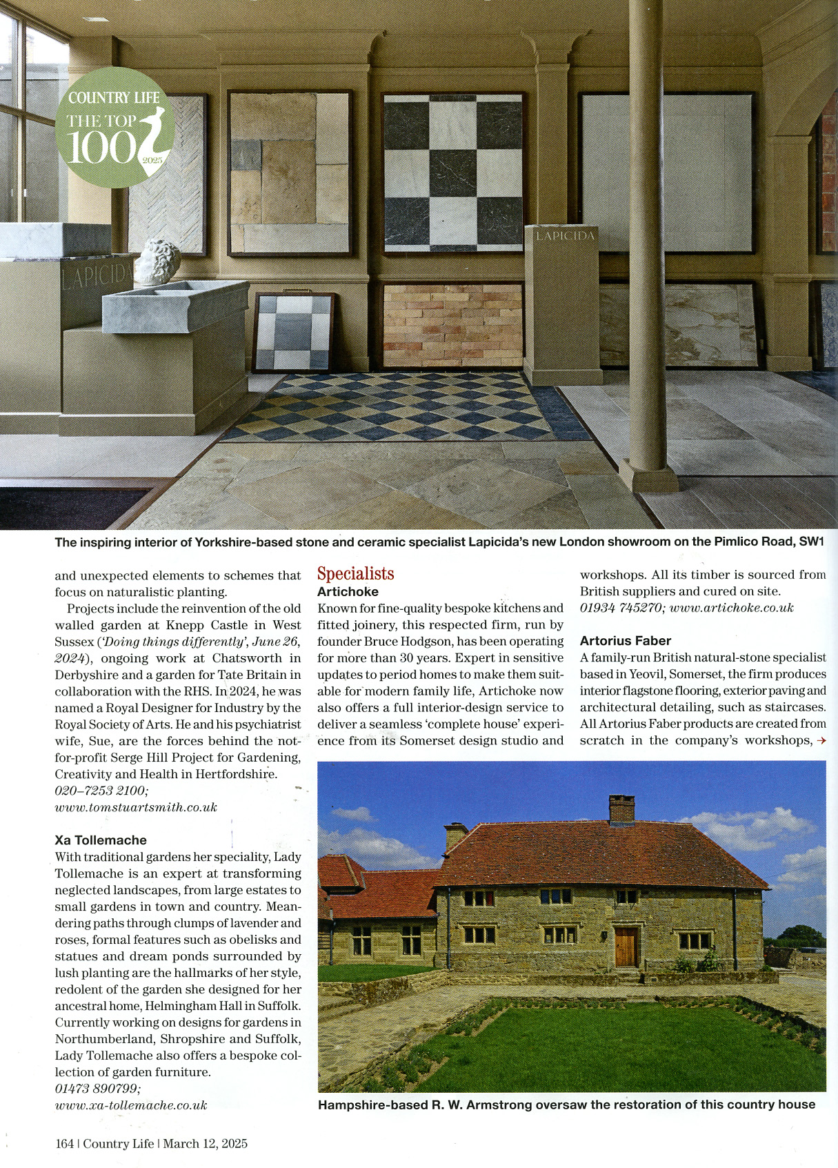 Lapicida London showroom featured in Country Life Top 100, 12 March 2025