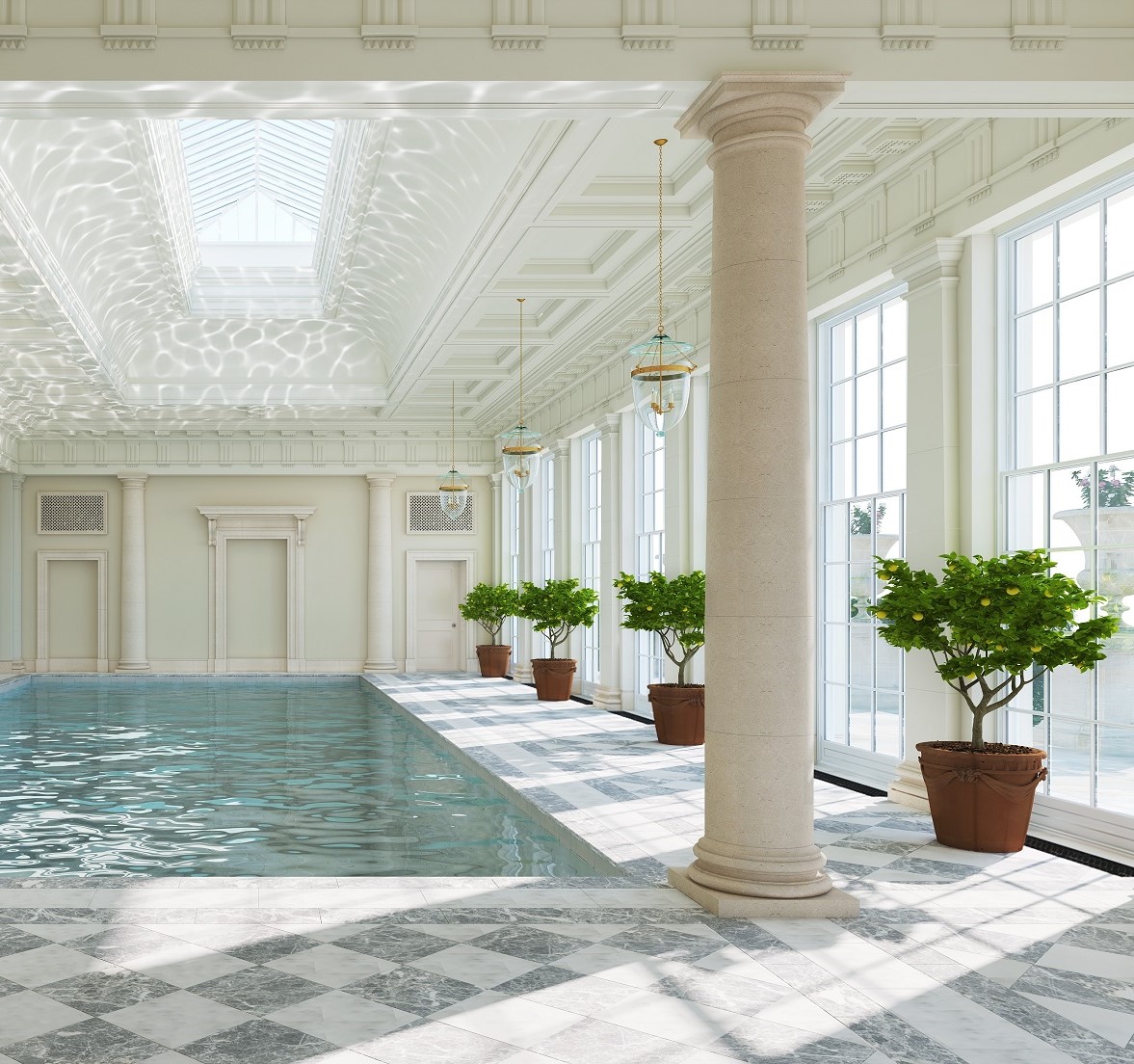 Lapicida Venetian chequer floor around a luxurious Swimming Pool